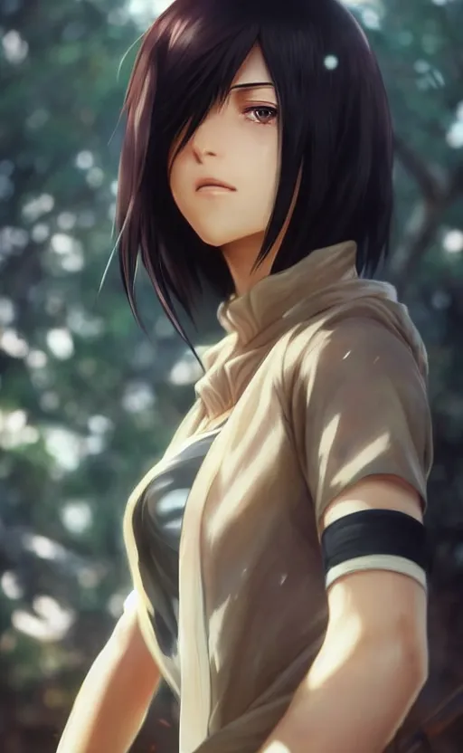 Image similar to mikasa ackerman, hero pose, medium shot, bokeh, beautiful face!!!!, 2 7 years old, cg animation, lifelike, animated, realistic, character select portrait, by artgerm, greg rutkowski, alphonse mucha, 3 d