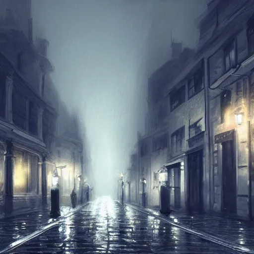 Prompt: victorian city street, dark, misty, at night, 8 k, detailed, concept art, trending on artstation