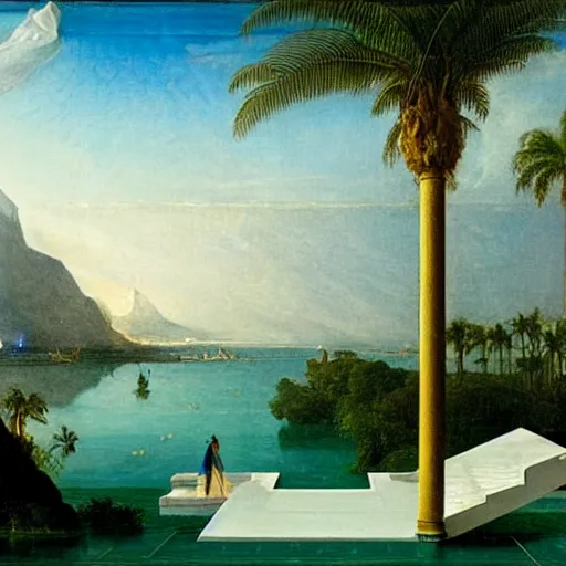 Image similar to Palace floating in the sky, 1km tall, thunderstorm, greek pool, beach and palm trees on the background major arcana sky, by paul delaroche, hyperrealistic 4k uhd, award-winning very detailed