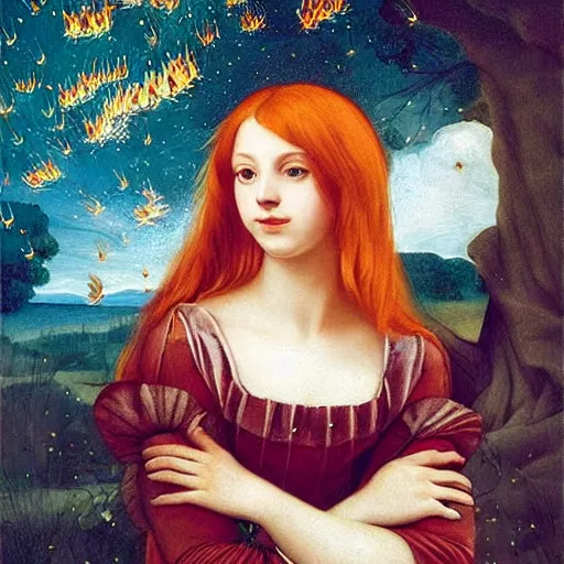 Image similar to sharp, intricate fine details, breathtaking, digital art portrait of a red haired girl with green eyes softly smiling in a dreamy, mesmerizing scenery with fireflies, art by artemisia gentileschi