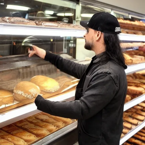Prompt: dani filth shopping for bread at a bakery