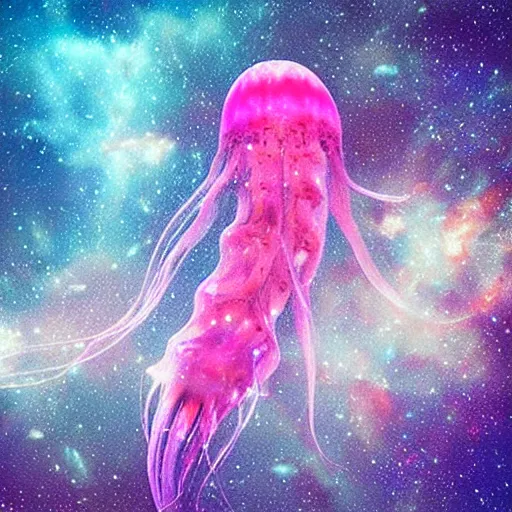 Image similar to “Female jellyfish tentacles underwater in a beautiful ultradetailed painting of the galaxy, nebula in universe, light effect, very detailed, by beeple, Makoto Shinkai, 4k, Trending on artstation, ultrawide lens”