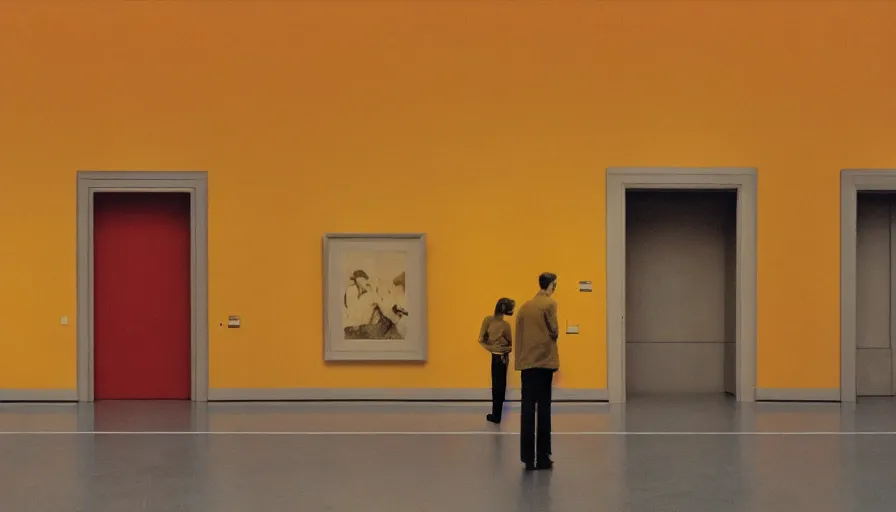 Image similar to 60s movie still of a sovietic stalinist style empty art museum with a soviet congress with yellow wall, by diy redscale, liminal Space style, heavy grain