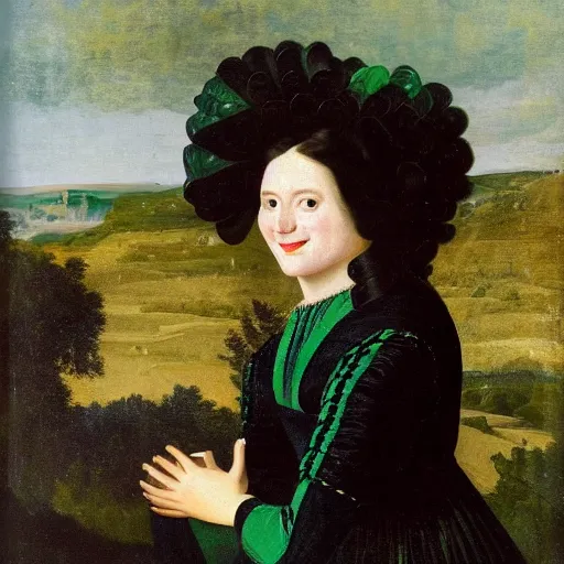 Image similar to young woman from the year 1 5 0 0, seated in front of a landscape background, her black hair is fine curly, she wears a dark green dress pleated in the front with yellow sleeves, puts her right hand on her left hand and smiles slightly, oil painting