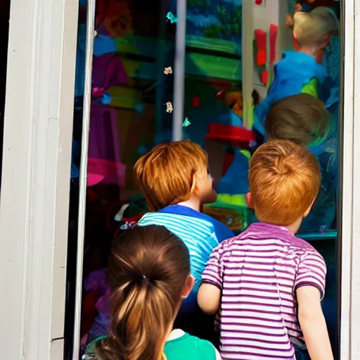 Prompt: kids peeking through a toy store's window from outside, painting