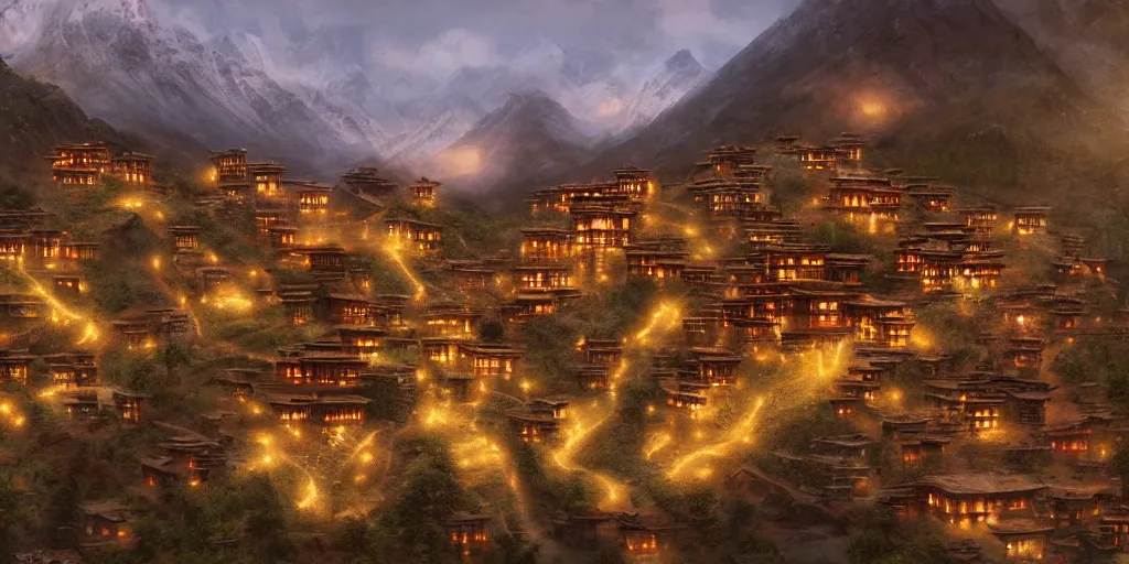 Prompt: tibetan mountain village at dusk, dim volumetric lighting, 8 k octane render, hdr, postprocessing, hyperdetailed, intricate, epic composition, cinematic lighting, masterpiece, trending on artstation, stunning art by anders zorn, extraordinary artwork by greg rutkowski