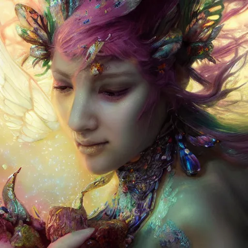 Prompt: face closeup of magical fairy flowers and ice velvet, mlentrf, diamonds, angels, 3 d render, hyper - realistic detailed portrait, holding fire and electricity rainbow, ruan jia, wlop. scifi, fantasy, magic the gathering, hyper detailed, octane render, concept art, peter mohrbacher c 2 0