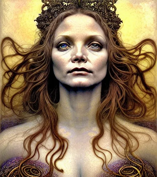 Prompt: detailed realistic beautiful young michelle pfeiffer as queen of jupiter face portrait by jean delville, gustave dore and marco mazzoni, art nouveau, symbolist, visionary, gothic, pre - raphaelite. horizontal symmetry by zdzisław beksinski, iris van herpen, raymond swanland and alphonse mucha. highly detailed, hyper - real, beautiful