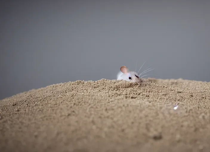 Image similar to dslr photo still of a mouse poking its head out of a sandcastle, 8 k, 8 5 mm f 1. 4