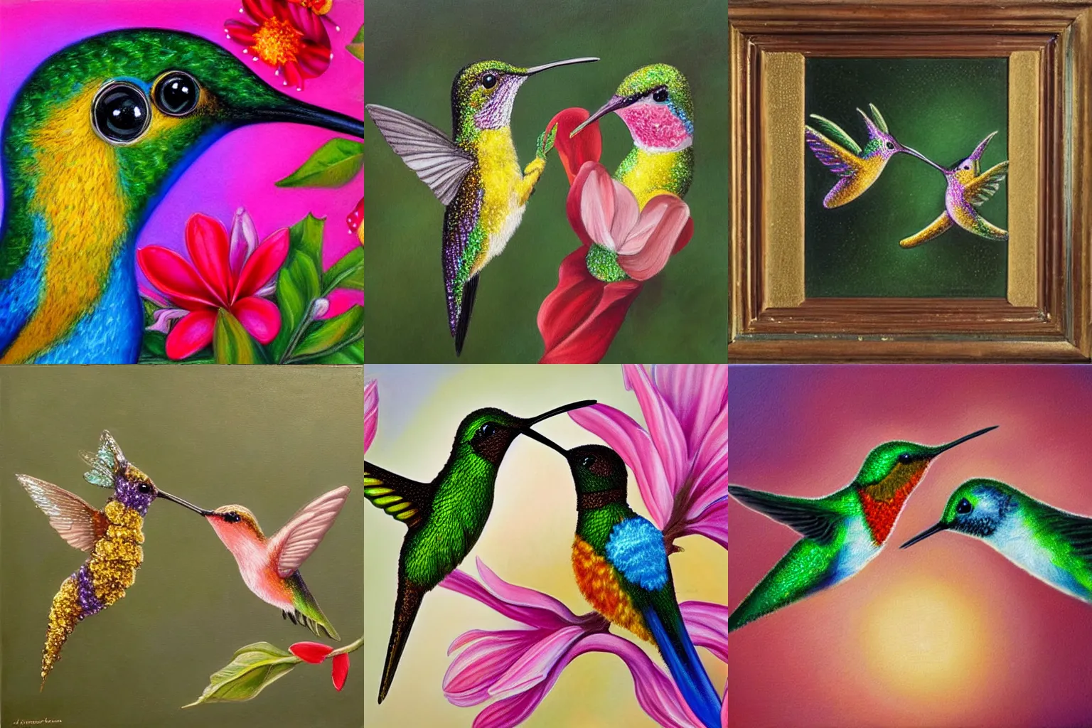 Prompt: glittering hummingbird and bee reciting poetry to each other, detailed, realistic, oil painting