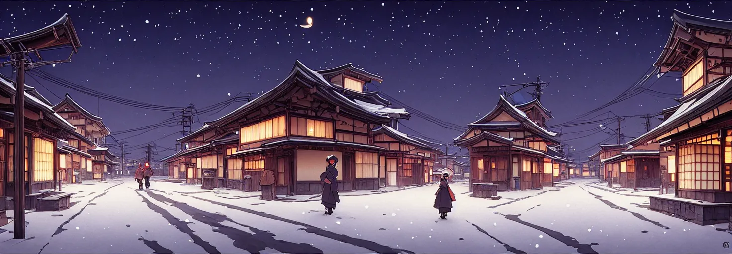 Image similar to empty rural japanese town at night, winter, in the style of studio ghibli, j. c. leyendecker, greg rutkowski, artem