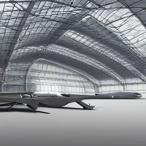 Image similar to highly advanced aircraft hangar from cinematic perspective, by feng zhu, highly detailed, sharp, concept art