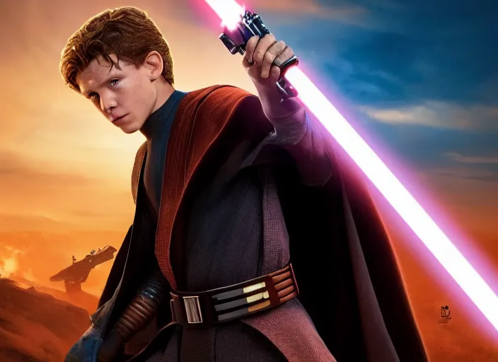 Prompt: tom holland plays anakin skywalker in the live action remake of star wars revenge of the sith, 3 5 mm photography, highly detailed, cinematic lighting, standing pose, holding lightsaber 4 k