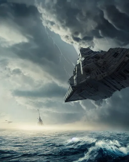 Image similar to scifi action scene of a fishing boat on stormy seas, a gigantic star destroyer spaceship flying overhead, the gigantic star destroyer spaceship is emerging from storm clouds, sunset lighting, stormy weather, dramatic lighting, unreal engine, hyper realism, realistic shading, cinematic composition, realistic render, octane render, detailed textures, photorealistic, ultrawide shot, 1 6 mm lens