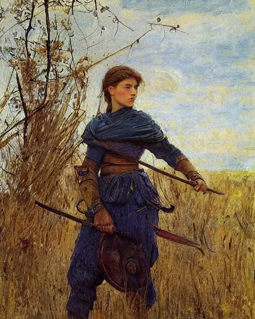 Prompt: a beautiful and strong female warrior by Jules Bastien-Lepage and Laura Sava