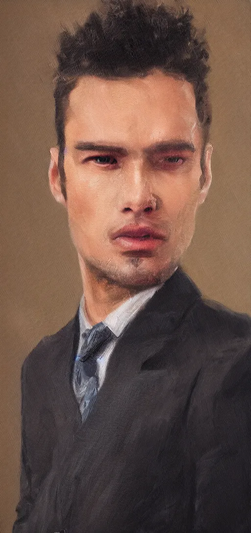 Prompt: a very high resolution photo of a man wearing a suit oil painting, digital art trending on artstation. hq 8 k.