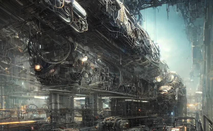 Image similar to Industrial complex, hyperrealistic mixed media, stunning 3d render inspired art by P. Craig Russell and Barry Windsor-Smith + perfect facial symmetry + dim volumetric lighting, 8k octane beautifully detailed render, post-processing, extremely hyperdetailed, intricate futuristic mechanic parts, epic composition, grim yet sparkling atmosphere, cinematic lighting + masterpiece, trending on artstation