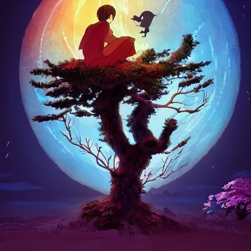 Image similar to spirit creature sitting on the tree in the night made by studio ghibli, detailed, high quality, 8 k, smooth