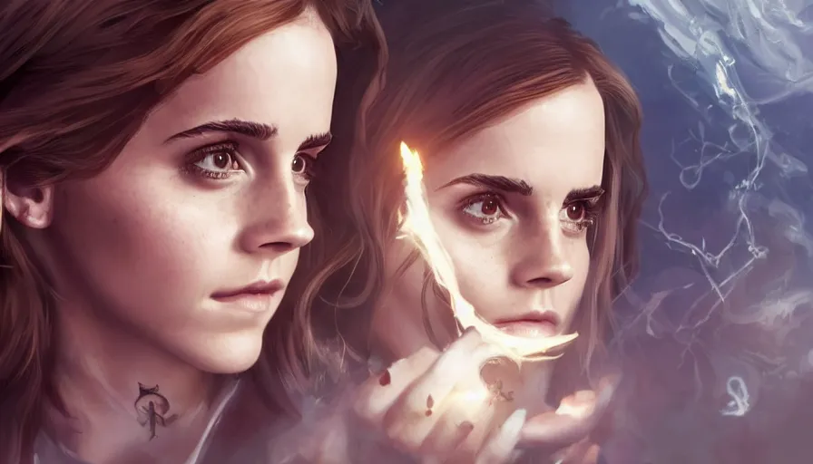 Prompt: Emma Watson as a witch doing magic, hyperdetailed, artstation, cgsociety, 8k