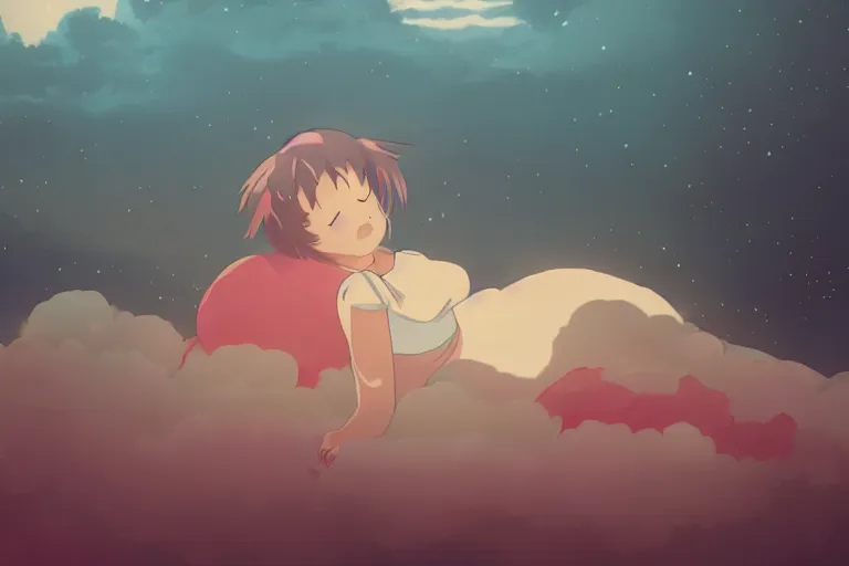 Image similar to a cute anime girl sleeping on a cloud, misty, glows, by studio ghibli, anime, hazy, foggy, ambient lighting, 8 k, neon, synthwave,