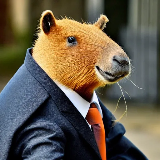 Image similar to an antropomorphic capybara wearing a suit smoking a cigar