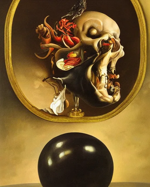 Image similar to refined gorgeous blended oil painting with black background by christian rex van minnen rachel ruysch dali todd schorr of a chiaroscuro portrait of an extremely bizarre disturbing man with shiny skin chrome surfaces dutch golden age vanitas intense chiaroscuro cast shadows obscuring features dramatic lighting perfect composition masterpiece