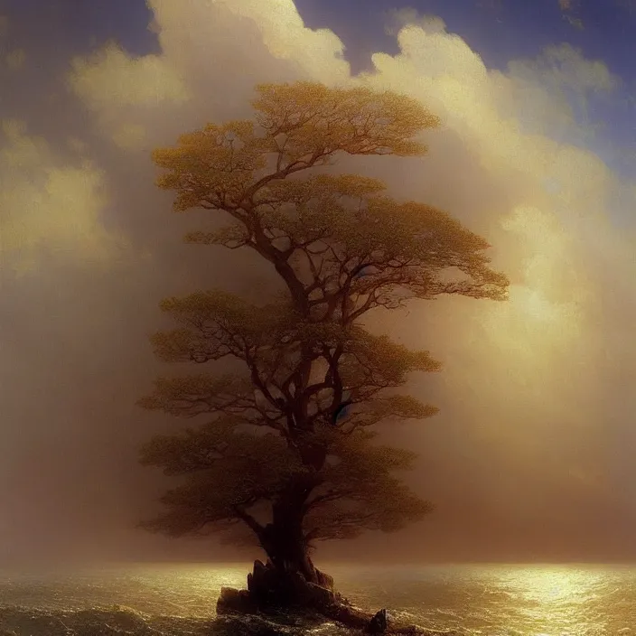 Image similar to a beautiful painting of the world tree on the red sea by ivan aivazovsky and greg rutkowski! and james gurney, in style of impressionism. highly detailed face. fantasy, elden ring, hyper detailed, sharp focus, soft light. ray tracing. trending on artstation.