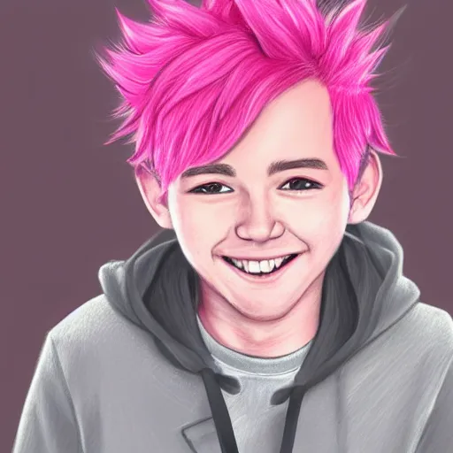 Image similar to a highly detailed portrait drawing of a cute teen boy with pink hair and pink wolf ears, smiling, waring a collar and a hoodie, artstation, fantasy