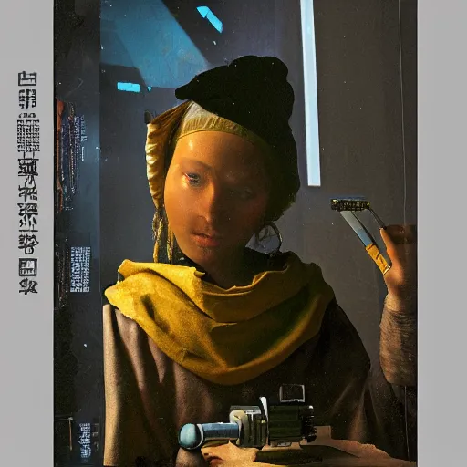 Image similar to Vermeer photographed photorealistic vfx movie cyberpunk aesthetic TOOL album holographic cover art of a giant mech warrior. 3D octane.