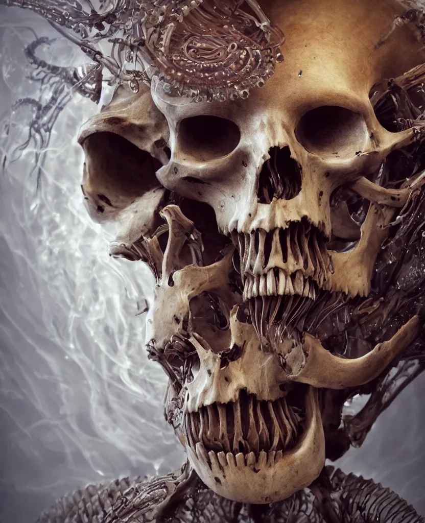 Image similar to close-up macro portrait of the face of a beautiful princess with animal skull mask and ribcage, skeleton epic angle and pose, symmetrical artwork, 3d with depth of field, blurred background, cybernetic jellyfish female face skull phoenix bird, translucent, nautilus, energy flows of water and fire. a highly detailed epic cinematic concept art CG render. made in Maya, Blender and Photoshop, octane render, excellent composition, cinematic dystopian brutalist atmosphere, dynamic dramatic cinematic lighting, aesthetic, very inspirational, arthouse. y Greg Rutkowski, Ilya Kuvshinov, WLOP, Stanley Artgerm Lau, Ruan Jia and Fenghua Zhong