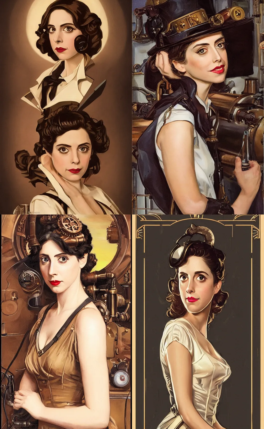 Prompt: in the style of J. C. Leyendecker, steampunk Alison Brie working on a machine, symmetrical face, symmetrical eyes, perfect face, sunrise beautiful day, diffuse lighting