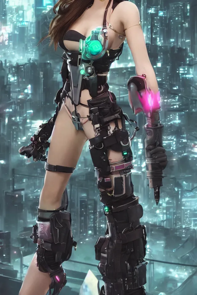 Image similar to Aerith from Final Fantasy wearing cyberpunk plugsuit