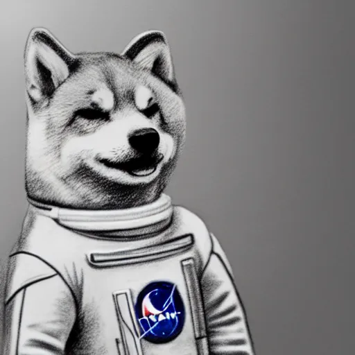 Image similar to a very detailed pencil drawing of a shiba inu in an astronaut suit in space 4 k, high resolution, still, landscape, hd, dslr, hyper realistic, sketch