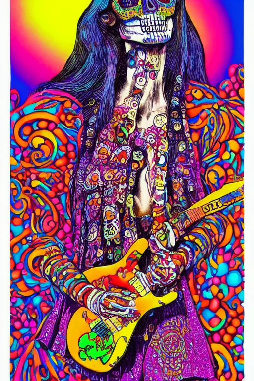 Prompt: realistic detailed psychedelic poster art of a cute Día de los Muertos girl playing electric guitar by Victor Moscoso Rick Griffin Art Noveau, masterpiece