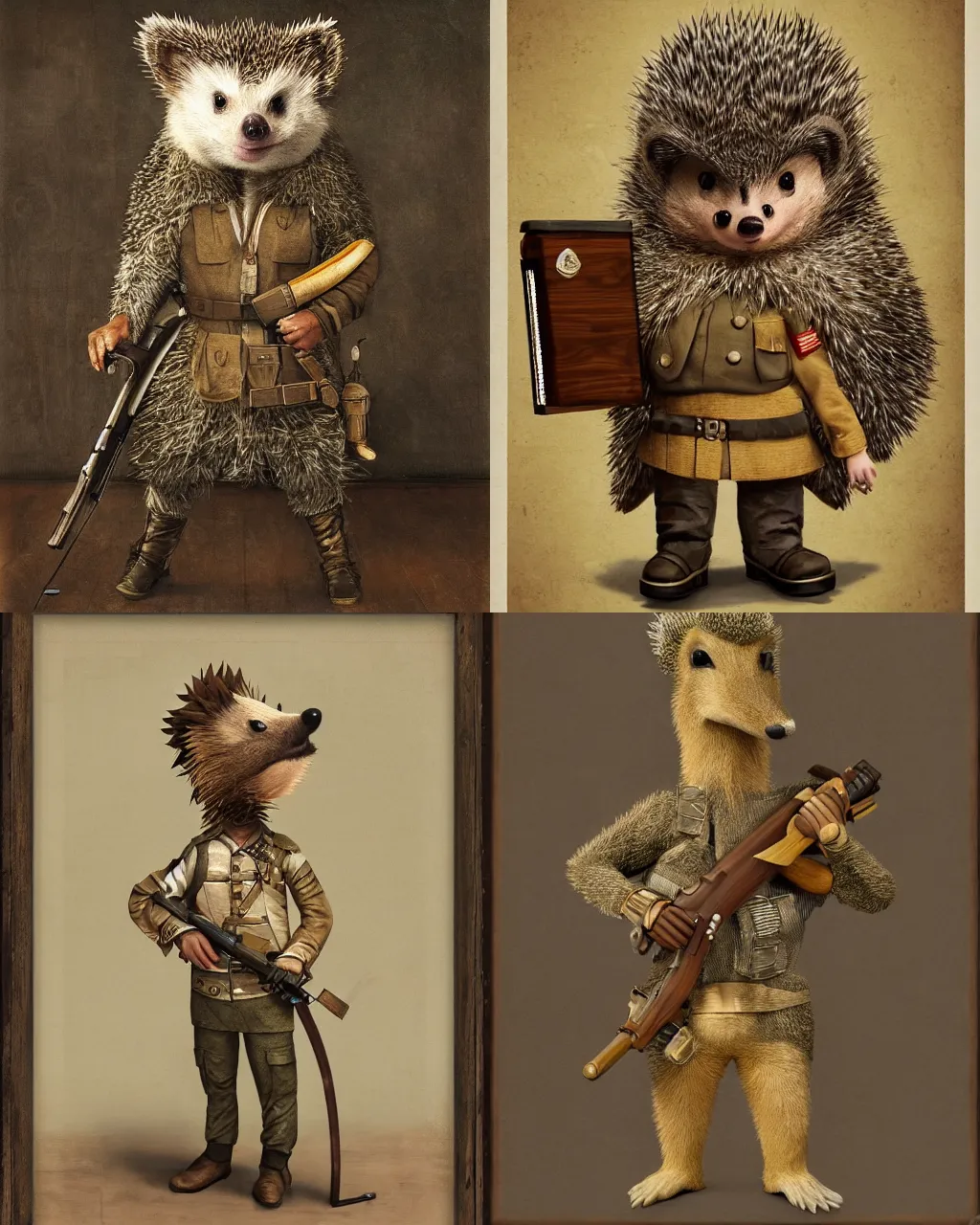 Prompt: anthropomorphic hedgehog, hedgehog as a war general in a commander outfit, holding a large wooden stocked rifle, symetrical, oryantalist, realistic, 8k, epic, ultra detailed, by filipo borghi , by diane arbus
