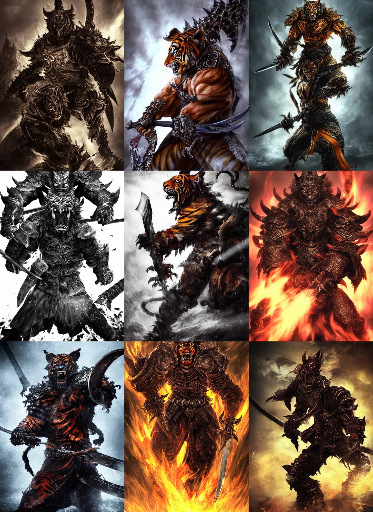 Image similar to fullbody, dark, evil villan character, very hostile very angry realistic detailed semirealism tiger man wearing samurai armor. fire Tiger_character, tiger_beast, 獣, FFXIV, iconic character splash art, angry character wielding a sword, blade, katana, blurred background, muscular scary brute, MMOrpg, dramatic cinematic Detailed fur, tank type character, detailed metal textures, 4K high resolution quality artstyle professional artists WLOP, Aztodio, Taejune Kim, Guweiz, Pixiv, Instagram, Artstation