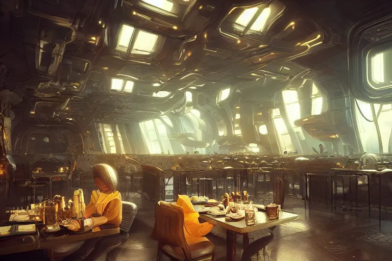 Image similar to cozy interior of a futuristic tavern, dramatic, cinematic, high contrast, octane render, cgsociety, artstation, 4k