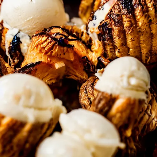 Image similar to a photograph of a clump of ice cream cones growing out of the cavity in a roast turkey like mushrooms. Shallow depth-of-field