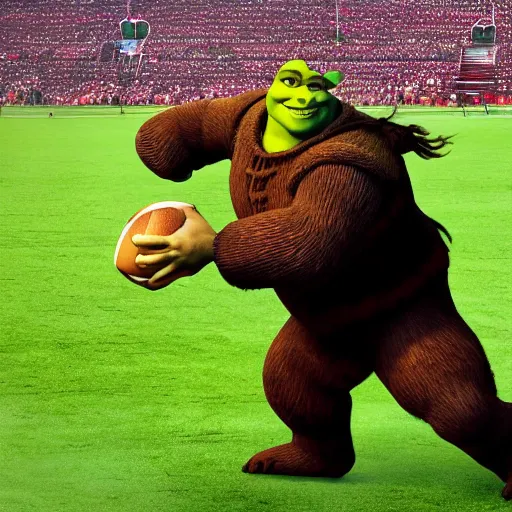 Image similar to shrek!! imposing stature in the center of a football match