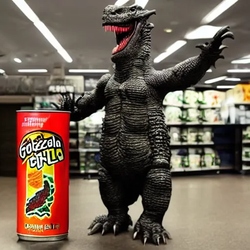 Prompt: godzilla with his hand stuck in a can of pringles