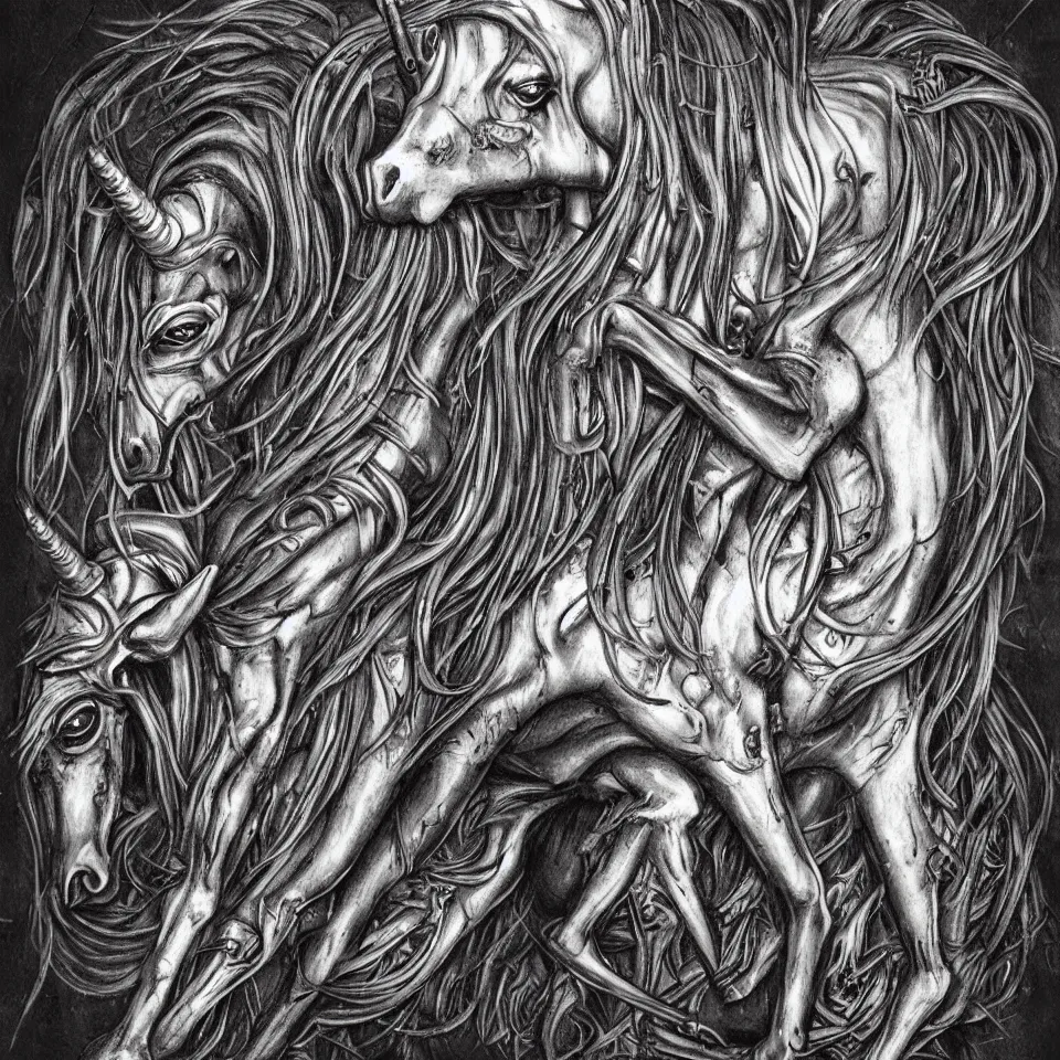 Image similar to an unicorn in Giger style