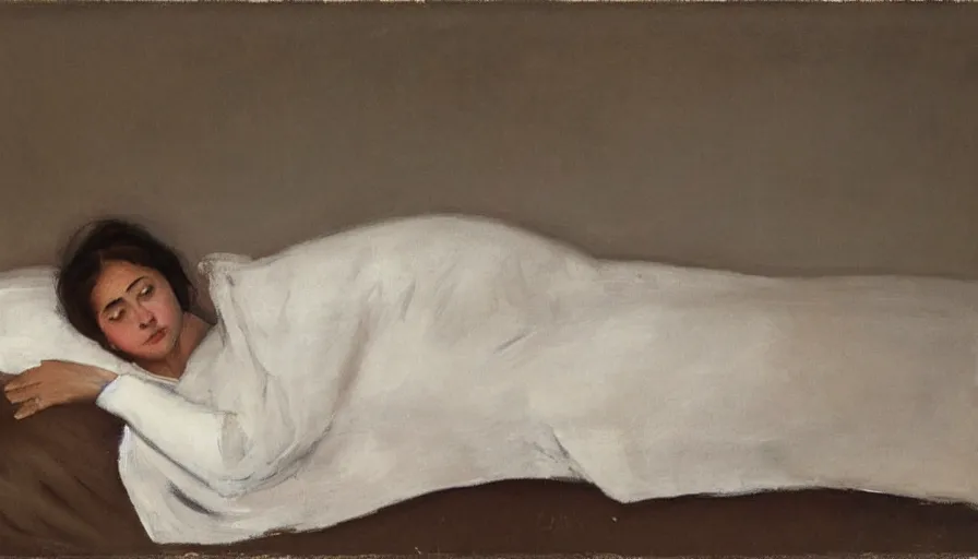 Prompt: painting by borremans, young woman in bed, detailed, stunning