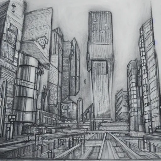 Image similar to charcoal drawing of a cyberpunk city