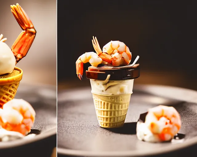 Prompt: dslr food photograph of an ice cream desert with shrimp on. 8 5 mm f 1. 4