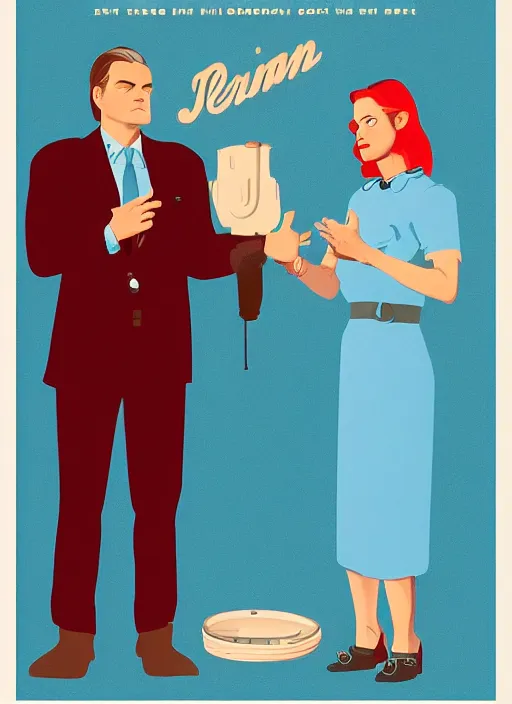 Image similar to Twin Peaks art, of Michael Shannon dressed as mechanic talking to Jennifer Connelly wearing light blue diner waitress dress, poster artwork by Bob Larkin, from scene from Twin Peaks, simple illustration, domestic, nostalgic, from scene from Twin Peaks, clean, New Yorker magazine cover