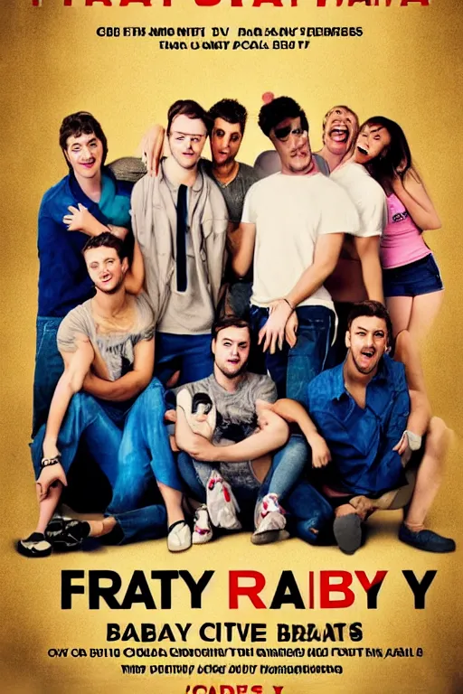 Image similar to frat baby movie poster, an official promotional poster for the film frat baby about a baby in a fraternity who joins a fraternity and parties with frat bros on campus, single subject and minimal background