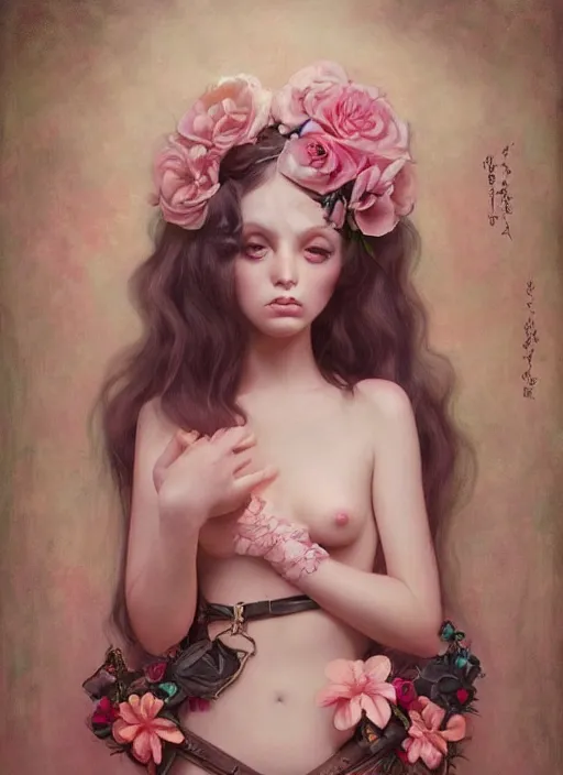 Image similar to pop surrealism, lowbrow art, realistic seductive cute woman painting, pink body harness, long hair, japanese shibari with flowers, hyper realism, muted colours, rococo, natalie shau, loreta lux, tom bagshaw, mark ryden, trevor brown style,