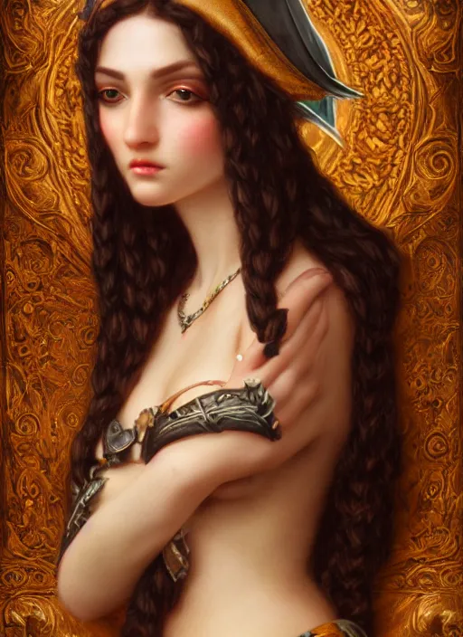 Image similar to pirate Queen, beautiful detailed eyes, cute, fantasy, intricate, elegant, highly detailed, digital painting, 4k, HDR, concept art, detailed jewelry, smooth, sharp focus, illustration, art by John William Godward
