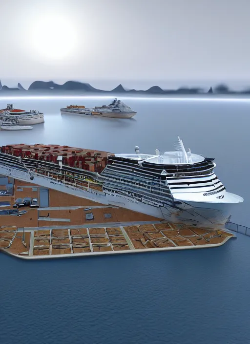 Image similar to a cruise ship and cargo ship combined, that have a giant farm on deck, futuristic, ultra-realistic, 8K, unreal enging