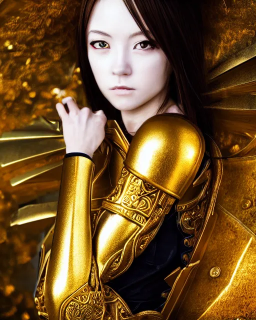 Prompt: anime style portrait of woman in shining golden armor, high production value, intricate details, high resolution, hdr, high definition, masterpiece, realistic, ultrarealistic, highly detailed, hd, sharp focus, non blurry, sharp, smooth